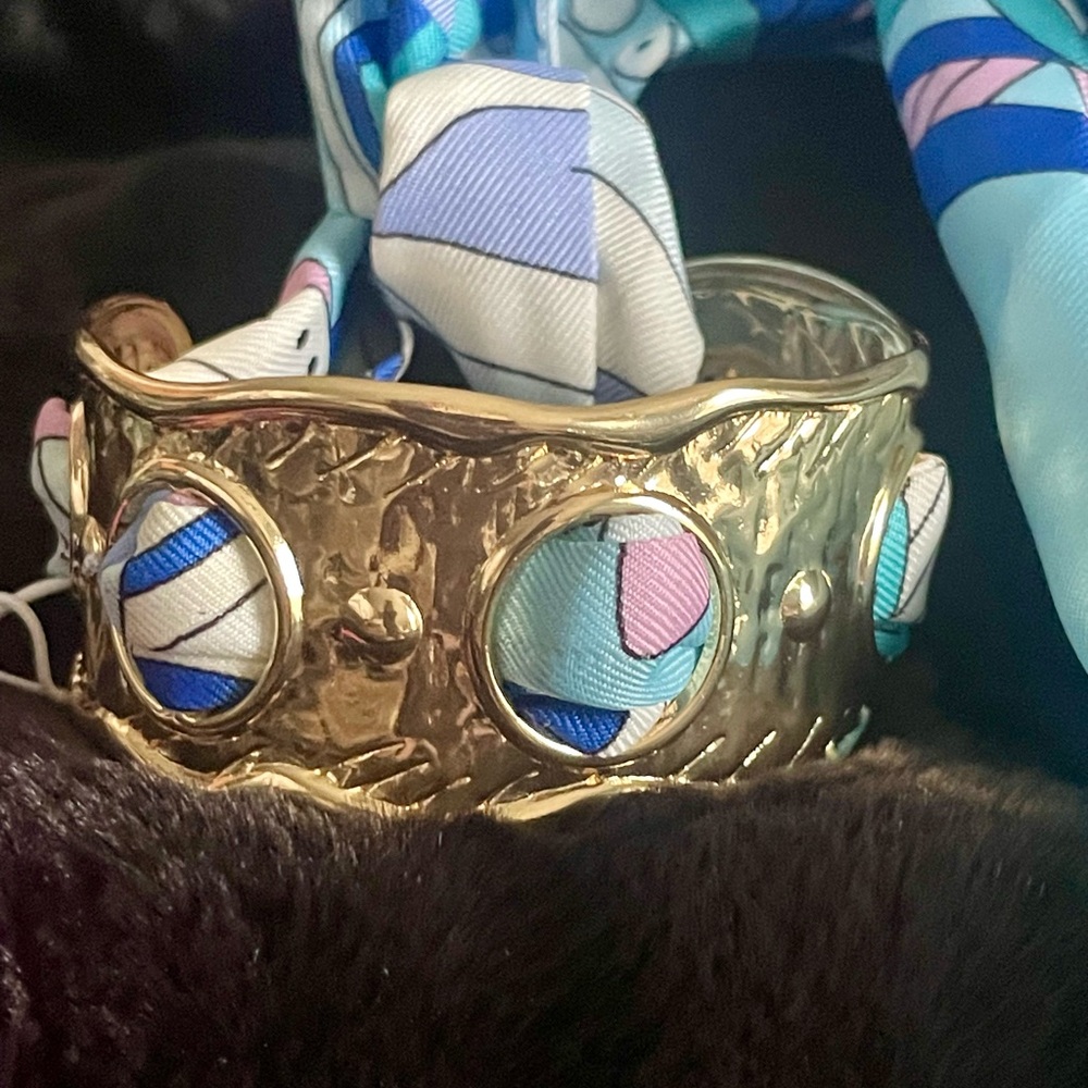 Gold Hammered Cuff Bracelet with Blue & Pink Scarf Inlays, NWT